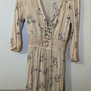 Floral Lace-Up Beige Dress